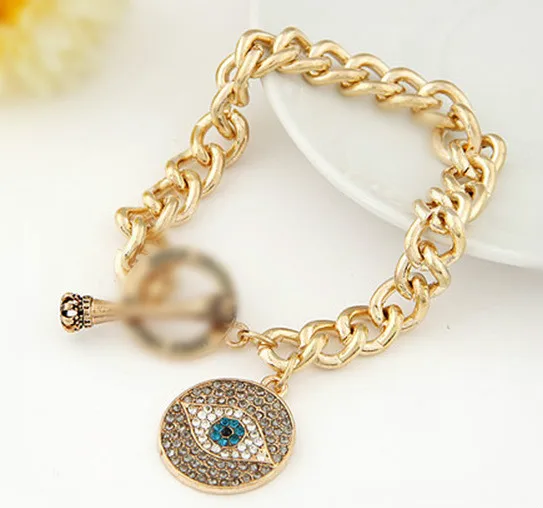 BRS005 Gold Lucky Rhinestone Fatima Hand Chain Bracelet Hamsa Blue Evil Eye Charm Crystal BangleHot Jewelry Bijoux Pulsera Mujer | Украшения