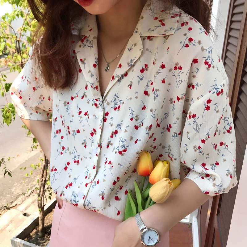 2019 летние топы в Корейском стиле с цветочным принтом женская короткими рукавами