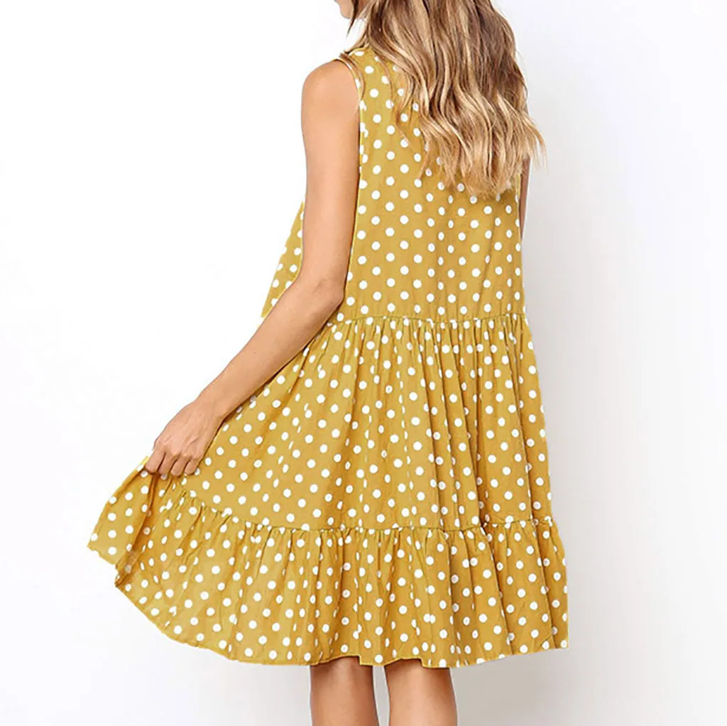 Женское платье без рукавов с оборками и круглым вырезом летнее повседневное