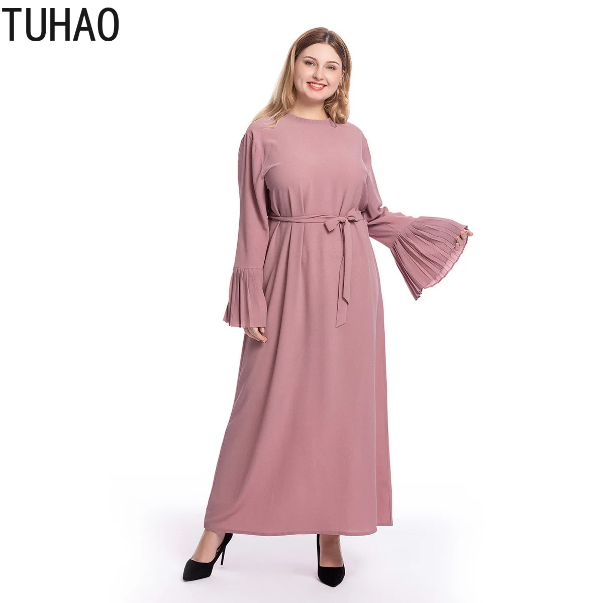 

Свободное женское платье, плиссированное длинное платье с расклешенными рукавами и поясом, однотонное мусульманское платье, женская одежда T6114