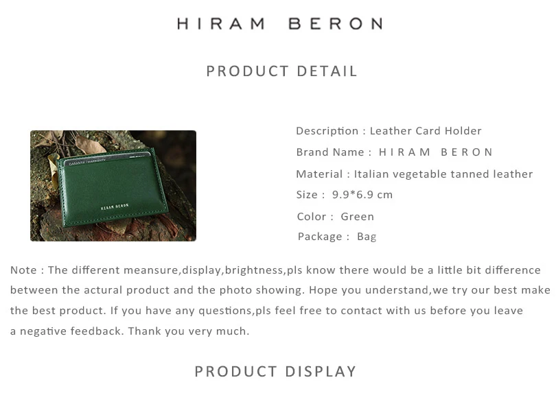 Hiram Beron RFID Блокировка кожаный держатель для карт для мужчин на заказ ID мини кошелек растительного дубления кожаный кошелек из натуральной кожи Прямая поставка