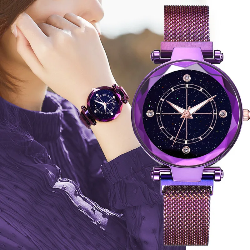 

2020 relogio femino Silver Watch Women Luxury Brand Prism Surface Diamond Ladies Watch Stainless Steel Starry Sky Magnetic Clock