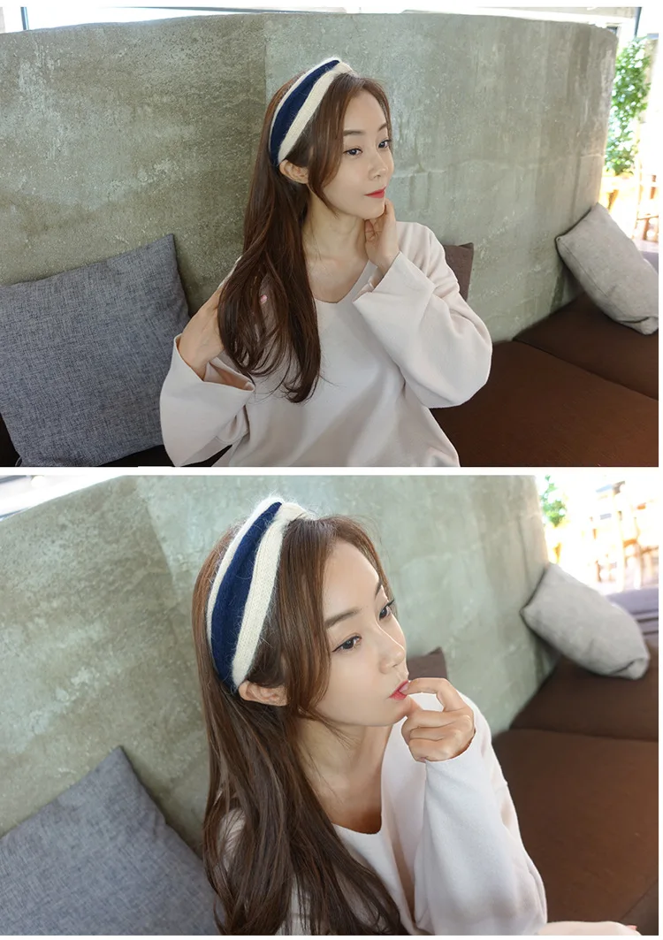 Womens Turban Headband Striped Rabbit Fur Twist Bow Knot Headwrap |