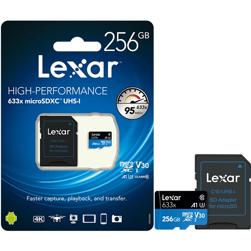 Карта памяти Lexar micro sd высокопроизводительная 256 ГБ макс. 95 м/с Class10 A1 3D 4K|Карты