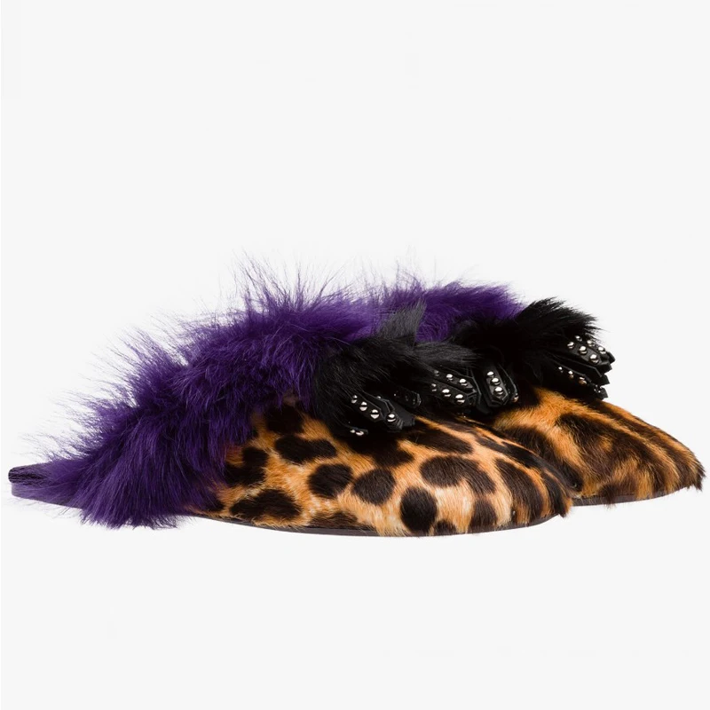 Monmoira скольжения на Мех животных Для женщин Шлёпанцы Leopard Лоскутная без каблука