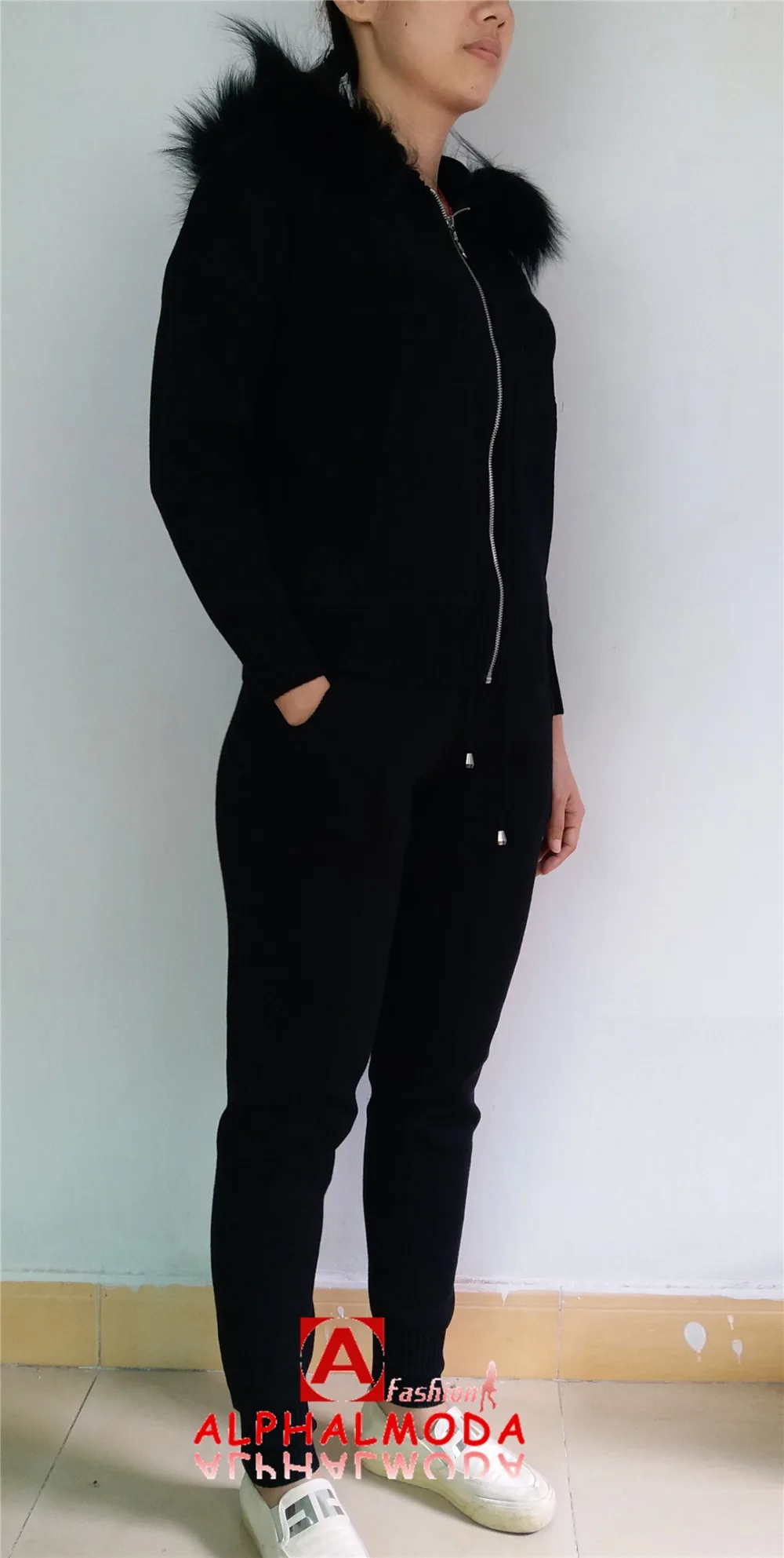 ALPHALMODA Зимние новые трикотажные костюмы куртка с капюшоном из натурального меха вязаные брюки женские модные широкие брюки Chandal Mujer спортивный костюм