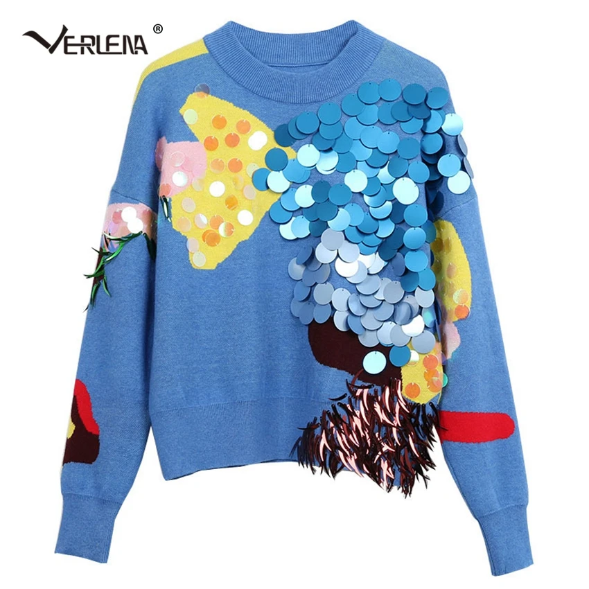 Verlena Korean Fashion Blue Jumper Colorful Shine Sequins Details Sweater Women Clothing Long Sleeve Tops Pullovers Pull Femme | Женская