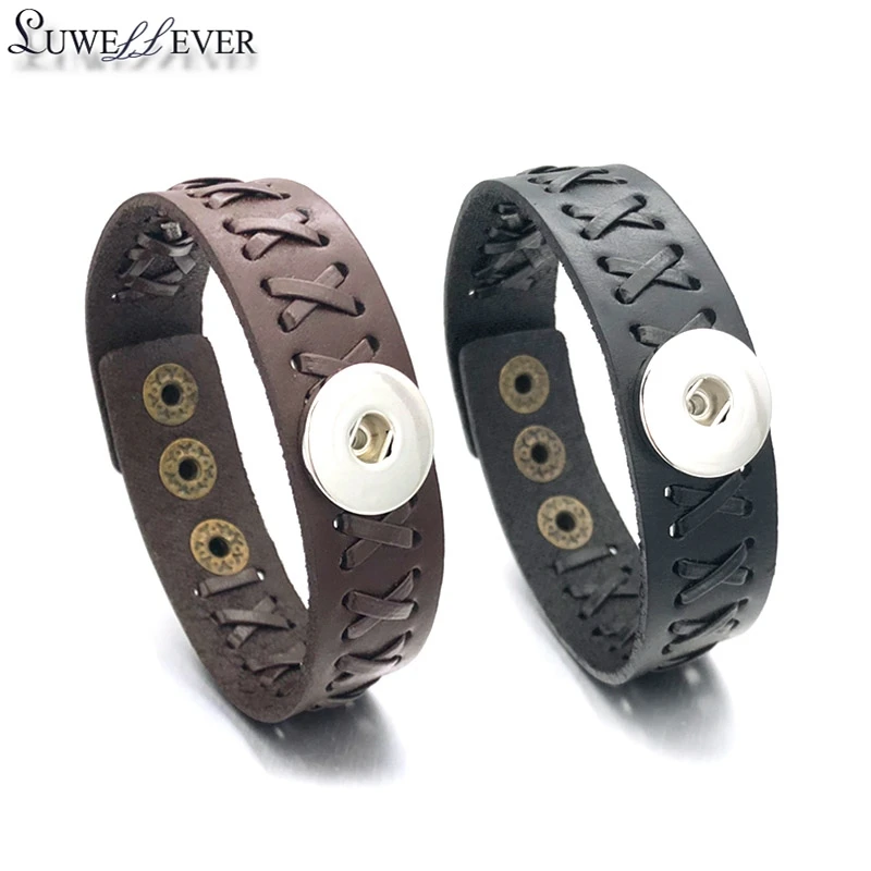 

Hot Hand Weaving 137 Interchangeable Really Genuine Leather Bracelet 18mm Snap Button Bangle Charm Jewelry For Women Men Gift