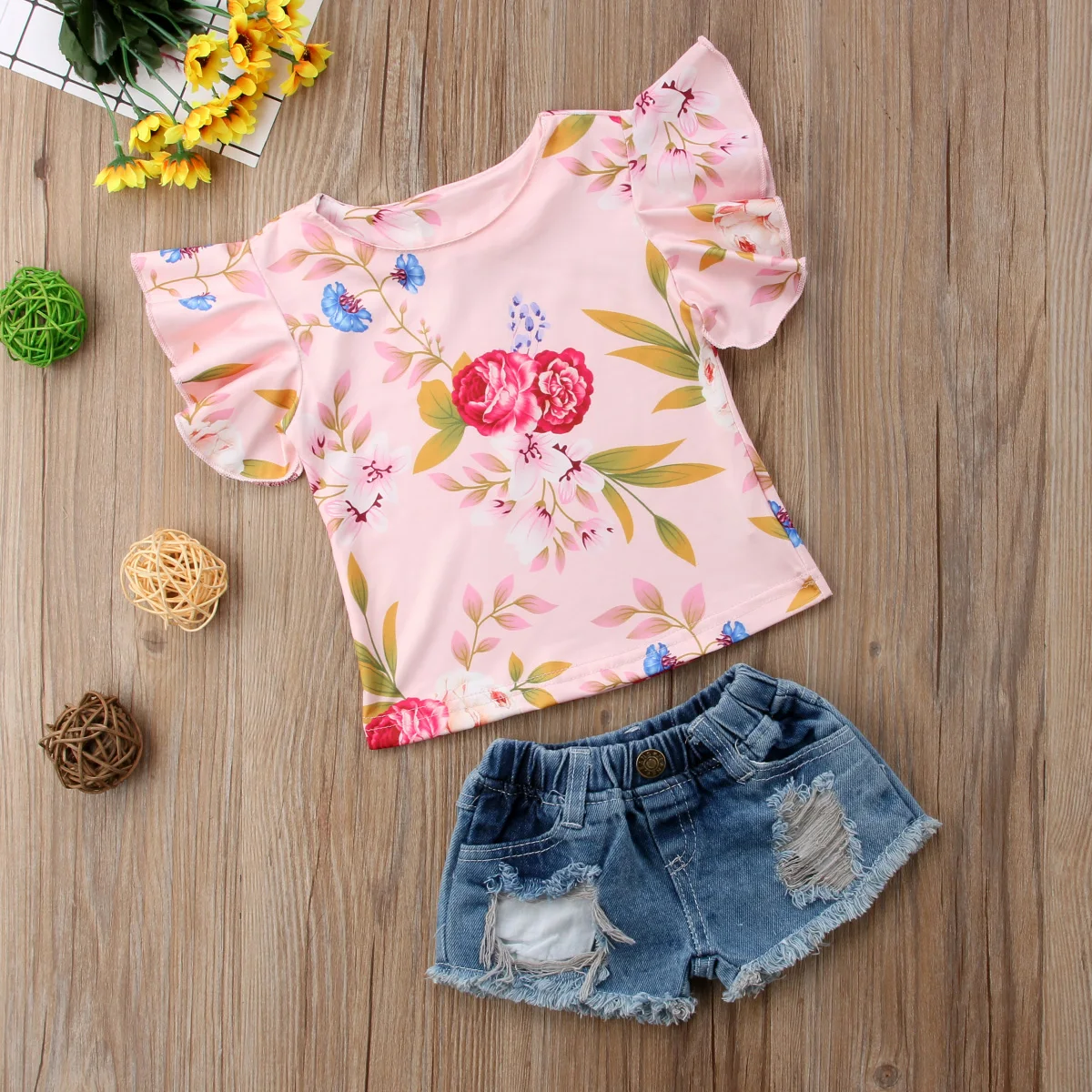 

Casual Kids Baby Girls Floral Tops T-shirt Denim Hot Pants Outfits Clothes 2PCS Set Casual Fashion Petal Sleeve O-neck Clothing