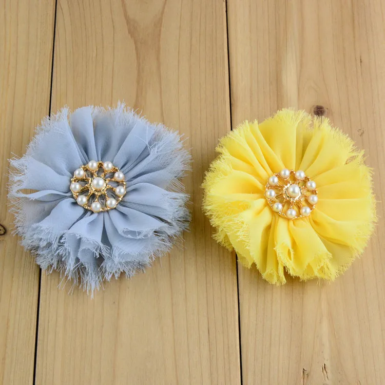 Лидер продаж потертый Шифоновый Цветок для волос 20 цветов с жемчужинами 30 шт./лот