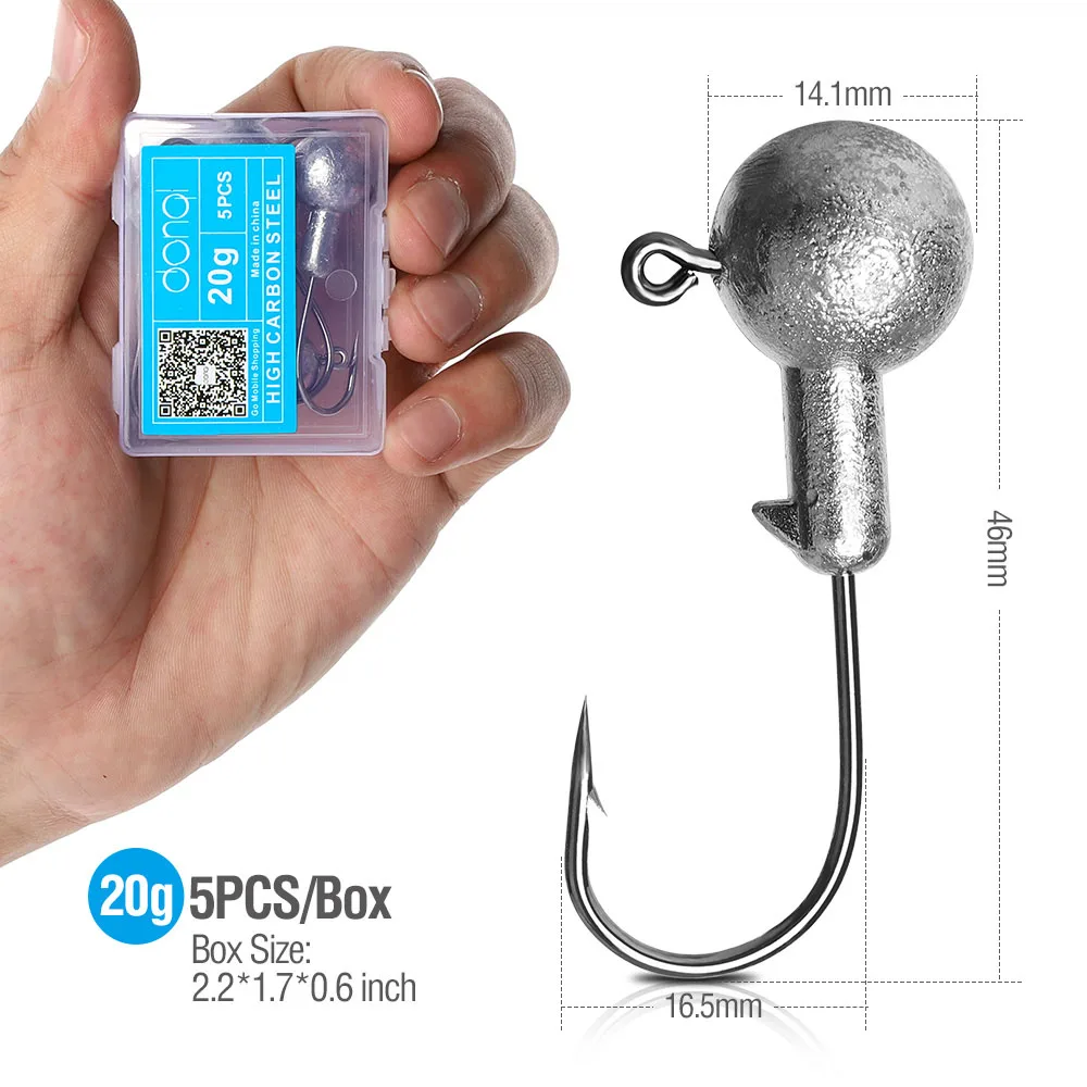 5pcs 20g DONQL 5 шт./компл. Lead Jig Head рыболовный крючок углерода Сталь рыболовный крючок для Мягкая приманка в виде червей 1g-20 г колючий карп рыболовные крючки с коробкой - Цвет: 5pcs 20g