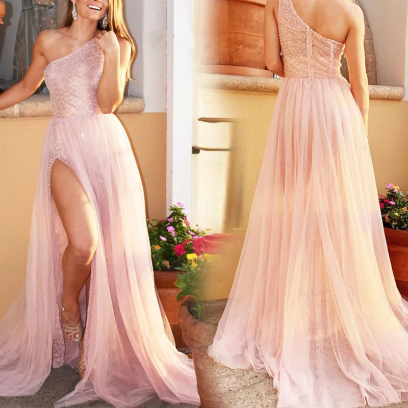 Блестящее розовое длинное платье на одно плечо летнее женское femme vestido jurken модное