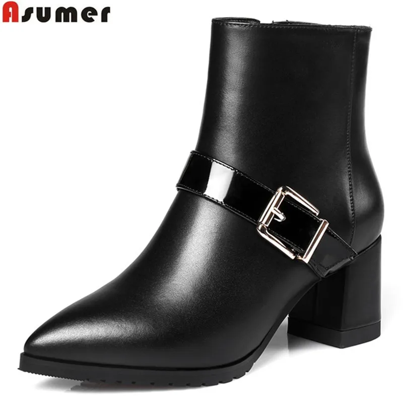 

ASUMER fashion new arrive women boots black zipper buckle pointed toe genuine leather ankle boots simple plus size 32-45