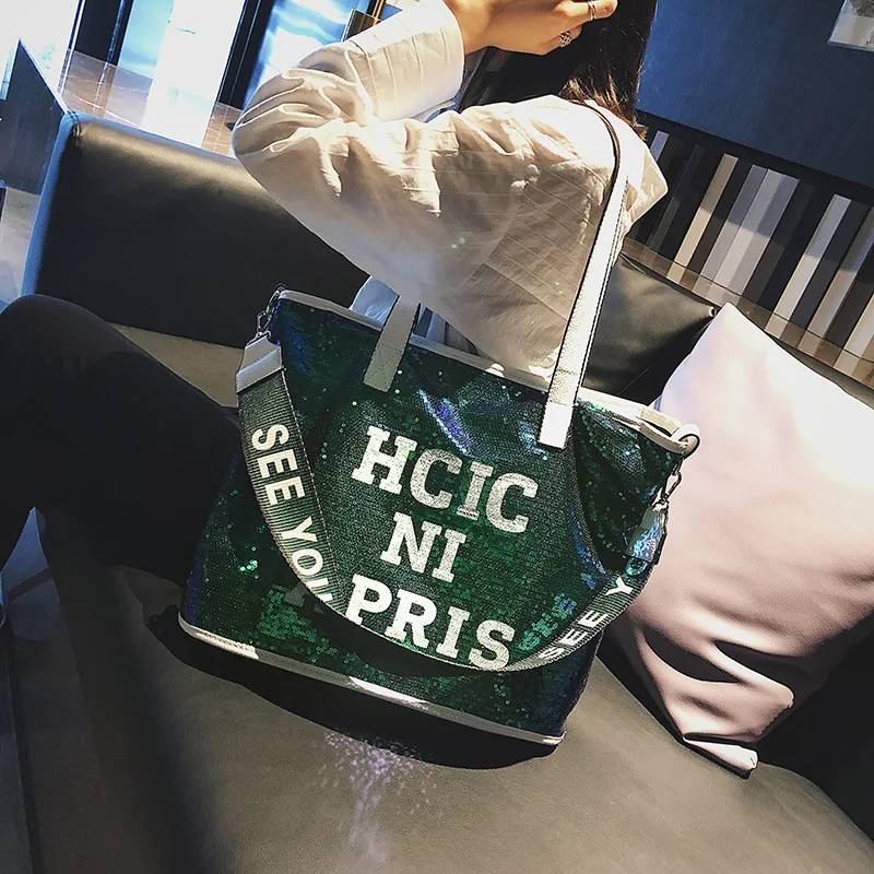 OLOEY Новый Осень 2018 г. Мода блестками сумки дамы повседневное Tote письма Bling сумка