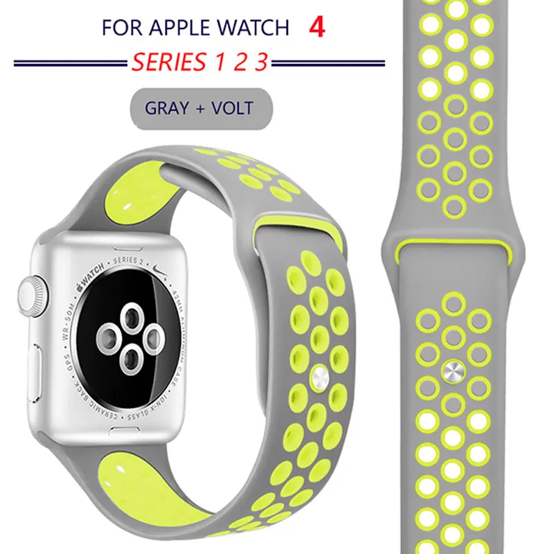 Gray and Volt Мягкий силиконовый спортивный ремешок для apple watch, 38 мм, серия 3, 4, 42 мм, браслет на запястье, ремешок для apple watch, серия 1, 2, ремешок, 44 мм, 40 мм - Цвет ремешка: Gray and Volt