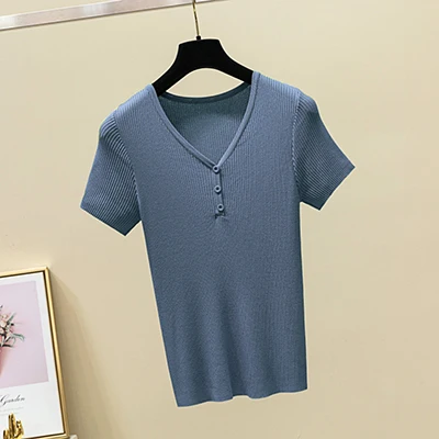 blue t shirt Shintimes, летняя повседневная трикотажная футболка на пуговицах, женская футболка с коротким рукавом, одноцветная футболка, сексуальные топы с v-образным вырезом, 6 цветов, женская футболка - Цвет: blue t shirt