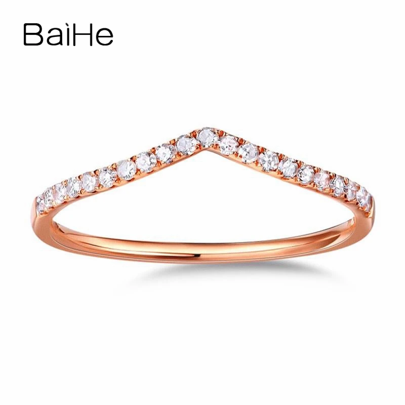 

BAIHE Solid 18K Rose Gold 0.10ct H/SI Round Natural Diamonds Jewelry Engagement Wedding Women Trendy Gift V type Diamond Ring