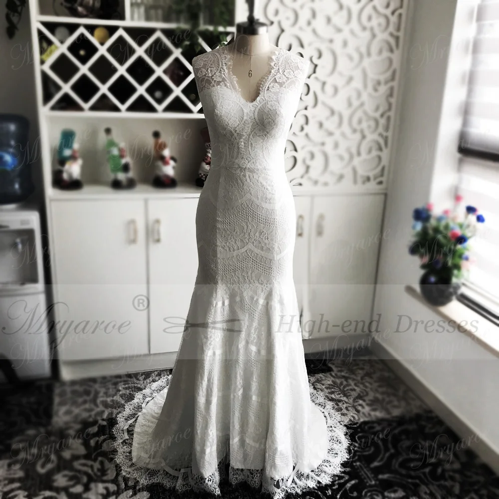 Mryarce,, vestido de noiva, потрясающее кружевное свадебное платье русалки, v-образный вырез, без рукавов, пуговицы на спине, шикарные свадебные платья