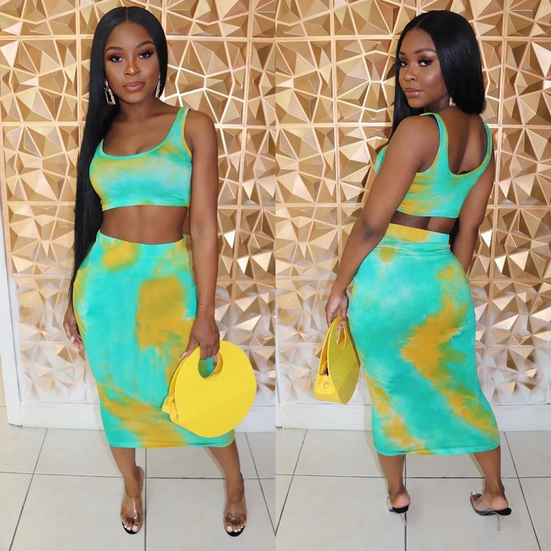 Two Piece Dress Women Summer Set Green Tanks crop top + long skirt 2 PCS Party Club Outfits Sexy Midi | Женская одежда