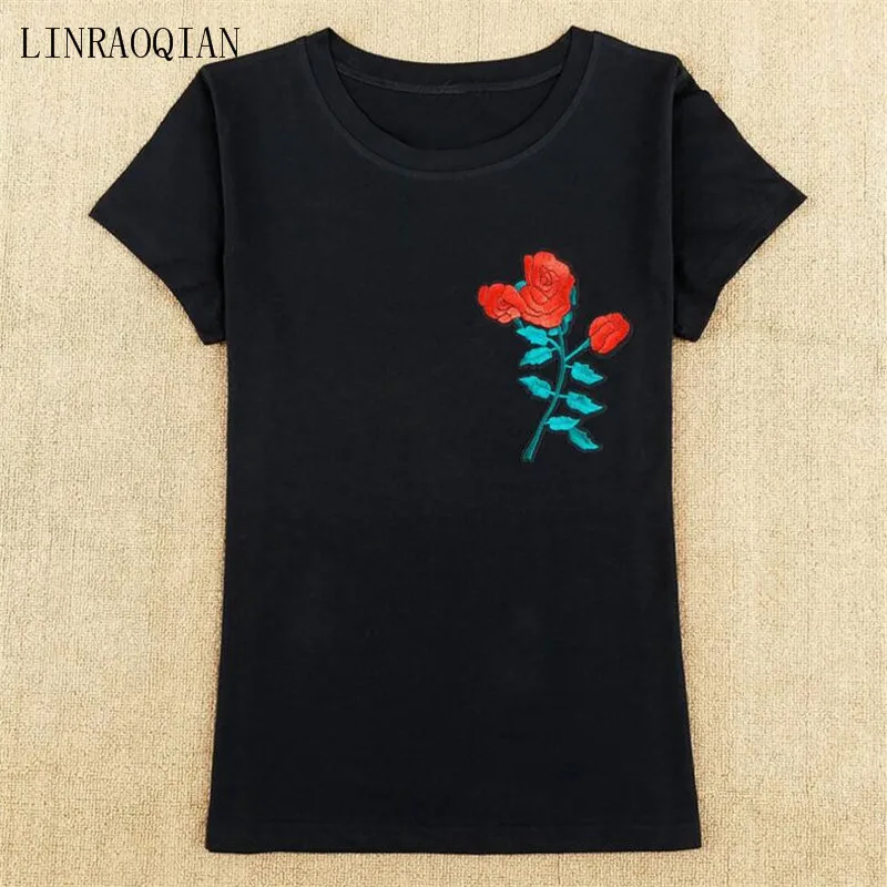 Хлопковая женская футболка с цветочной вышивкой LINRAOQIAN + брюки летняя коротким