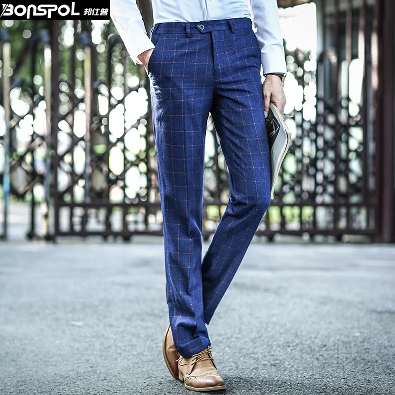 Брендовые мужские брюки BONSPOL новинка клетчатые прямые для отдыха зимние