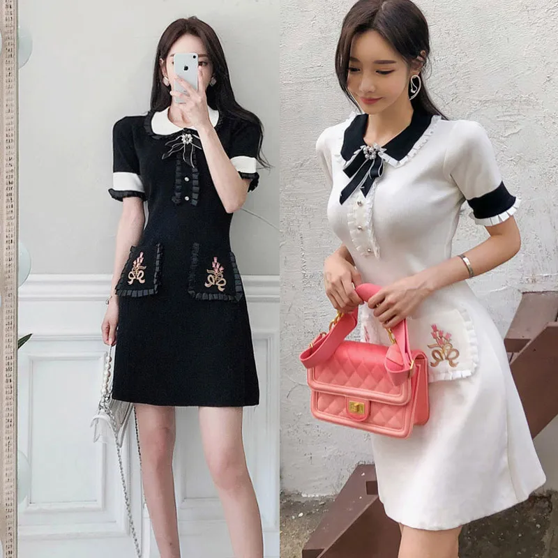 Женское летнее платье в корейском студенческом стиле Новое вязаное прямое