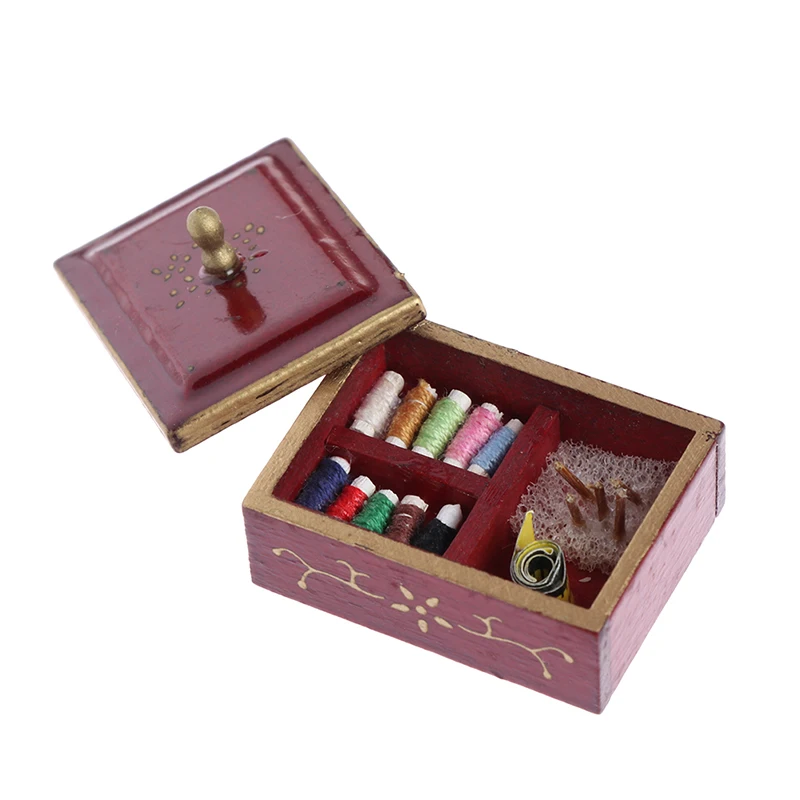 1PCS 1:12 миниатюрная винтажная швейная коробка с ножницами-иглами, набор для украшения кукольного домика, аксессуары для мебели, игрушки для детей, декор кукольного домика - Цвет: 1PCS