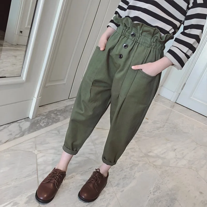 

Ruffles high waist big kids girls pants autumn spring kids clothes trousers school pants for girls solid color green brown