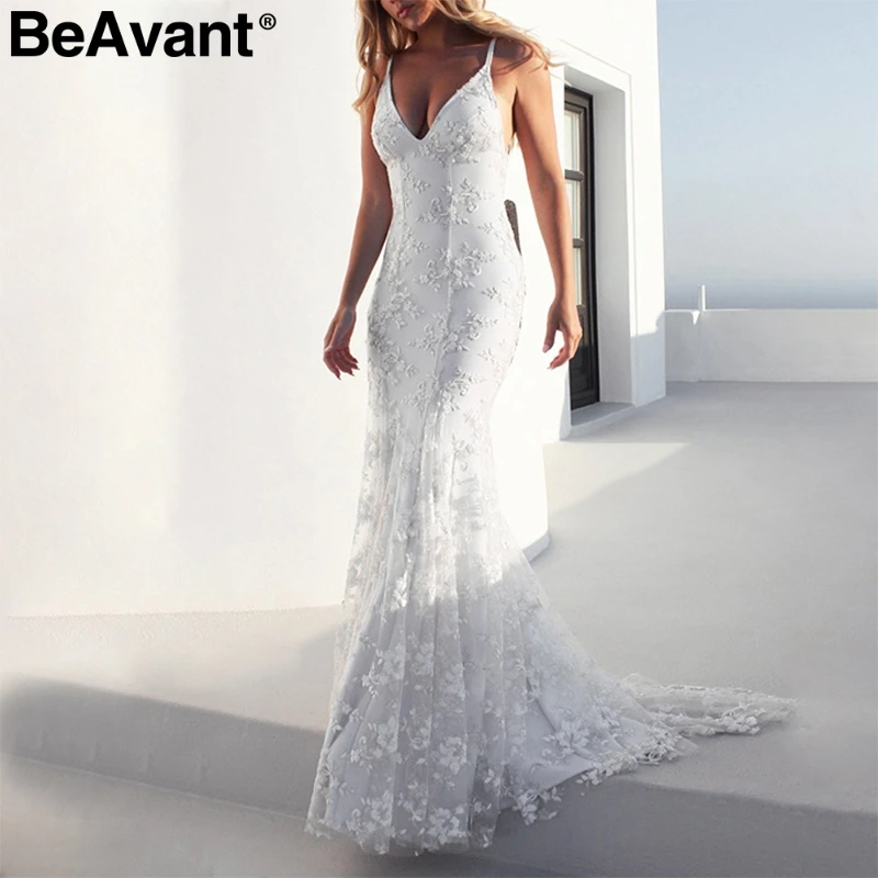 BeAvant Backless lace up women party dress Sexy white long elegant V neck strap bodycon winter female 2018 | Женская одежда