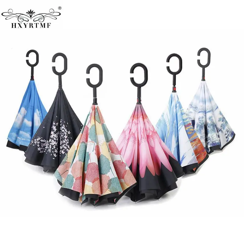 Ветронепроницаемый складной двухслойный перевернутый зонтик с длинной ручкой