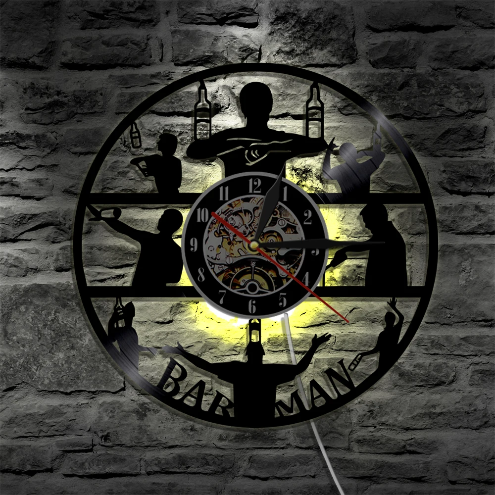  Barman Vinyl Record Wall Clock Club Vintage Time Creative Hanging Art With LED Blacklight Gift For Barmen | Дом и сад