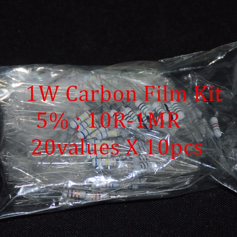 Набор резисторов 200 шт., 1 Вт, 20 значений X 10 шт., резистор, набор резисторов из углеродистой пленки, сопротивление 10-1 МОм, Ом, 1 Вт, комплект углеродистой пленки
