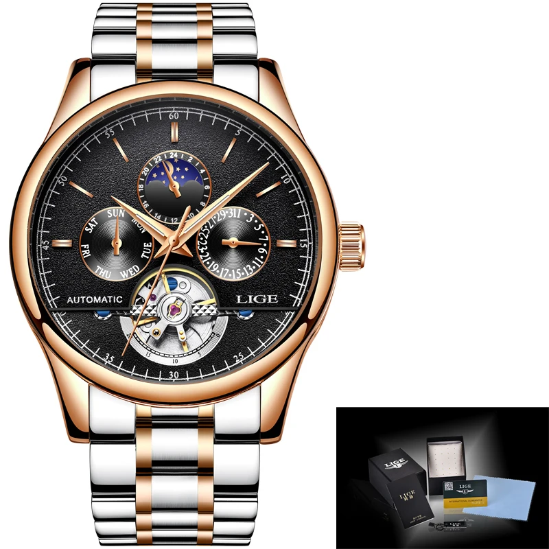 LIGE бренд Для мужчин часы автоматические механические Tourbillon спортивные
