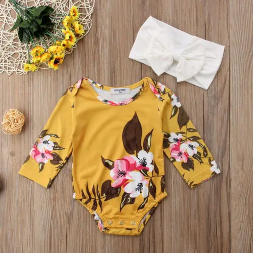 Newborn Baby Girl Long Sleeve Floral Romper+Headband 2Pcs Clothes 0-18M | Детская одежда и обувь