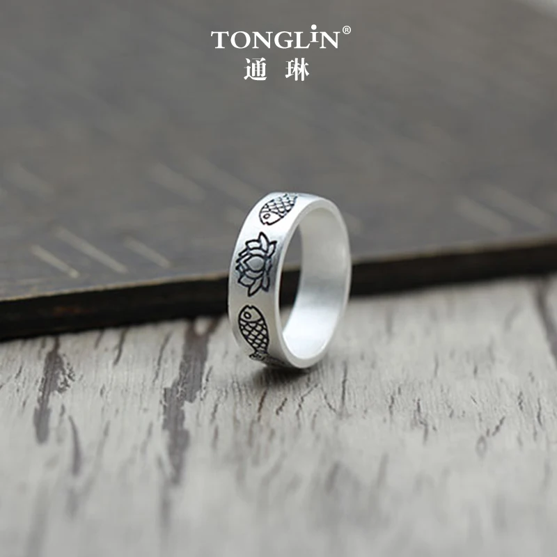 Tonglin 925 пробы Серебряное классическое кольцо в виде лотоса и рыбы Восточное