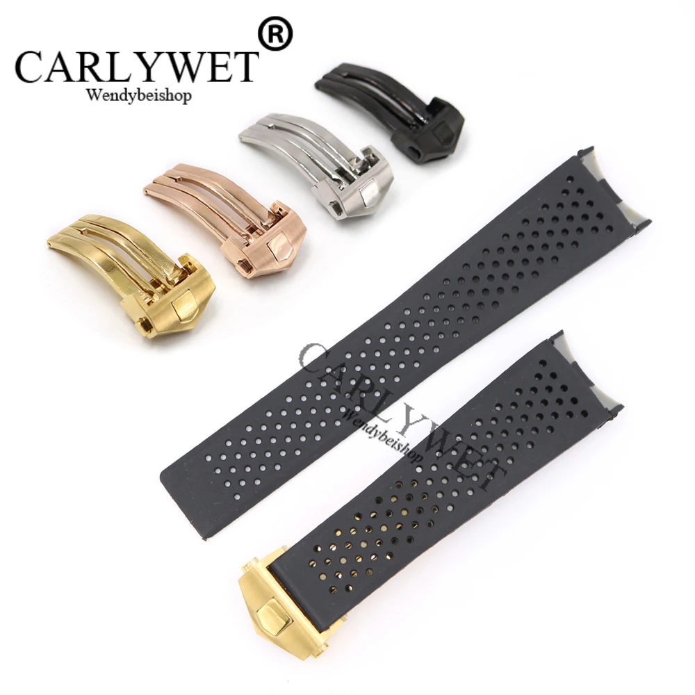 CARLYWET 22*18 мм черный водостойкие силиконовой резины замена наручные часы ремешок с серебряной цвет пряжка