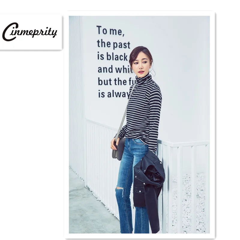 Для женщин Футболки для с длинным рукавом полосатый рисунок водолазка