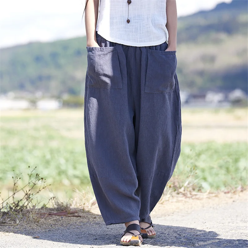 Женские офисные брюки pantalones mujer весенне летние свободные из хлопка и льна