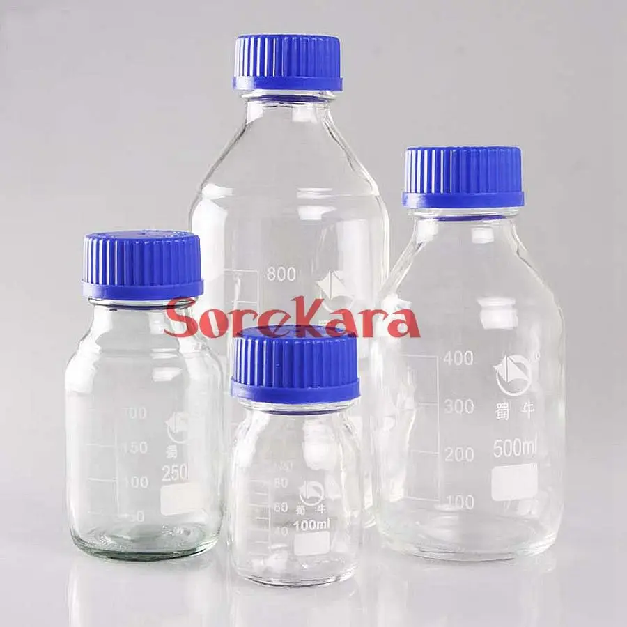 

100ml/250ml/500ml Graduated Round Glass Reagent Bottle Blue Screw Cap Screw On Cover Flask