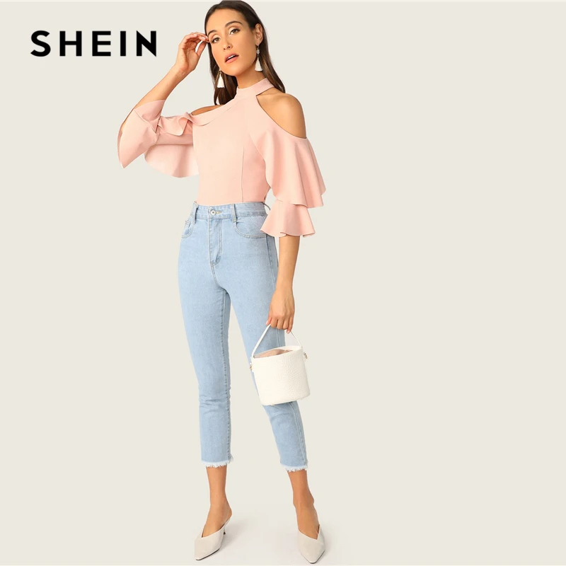 SHEIN элегантный пастельный розовый гофрированный Холтер с открытыми плечами, многослойный топ с расклешенными рукавами, блузка, женские весенние облегающие Сексуальные вечерние блузки