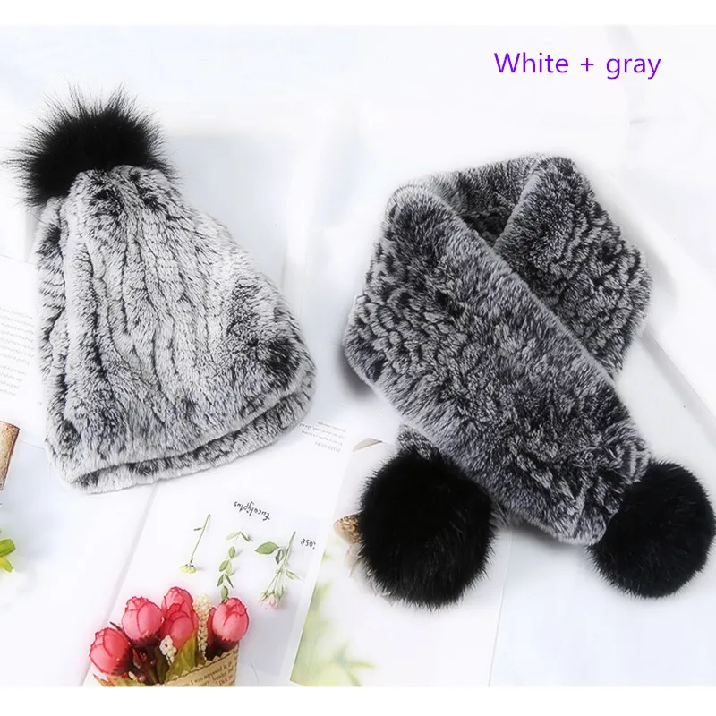 White gray Детская новая кроличья меховая шапка Зимний теплый шарф шапка шарф костюм для девочек и мальчиков Толстая теплая шапка шарф горячий - Цвет: White gray