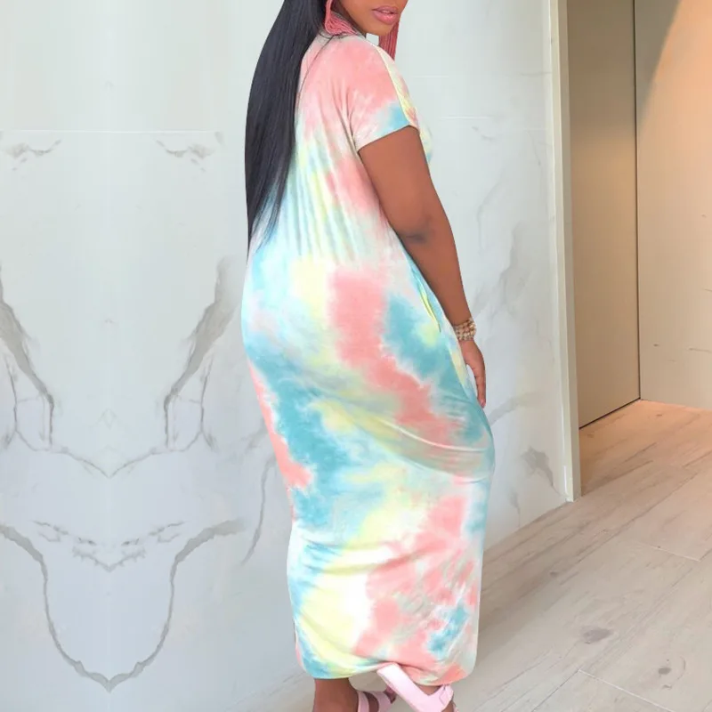 Сексуальное длинное Макси-платье размера плюс с принтом «Tie Dye», женские платья с круглым вырезом и коротким рукавом, летние свободные винтажные элегантные вечерние платья для клуба Vestidos