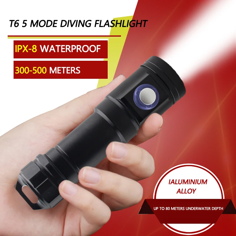 IPX8 водонепроницаемый 5 режимов мини фонарик для дайвинга T6 LED ударопрочный