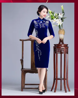 Бархатные Cheongsam Rotator манжеты китайское платье Qipao платья 3/4 рукав Восточный Стиль Платье женское платье Mariage Femme Chipao Китай
