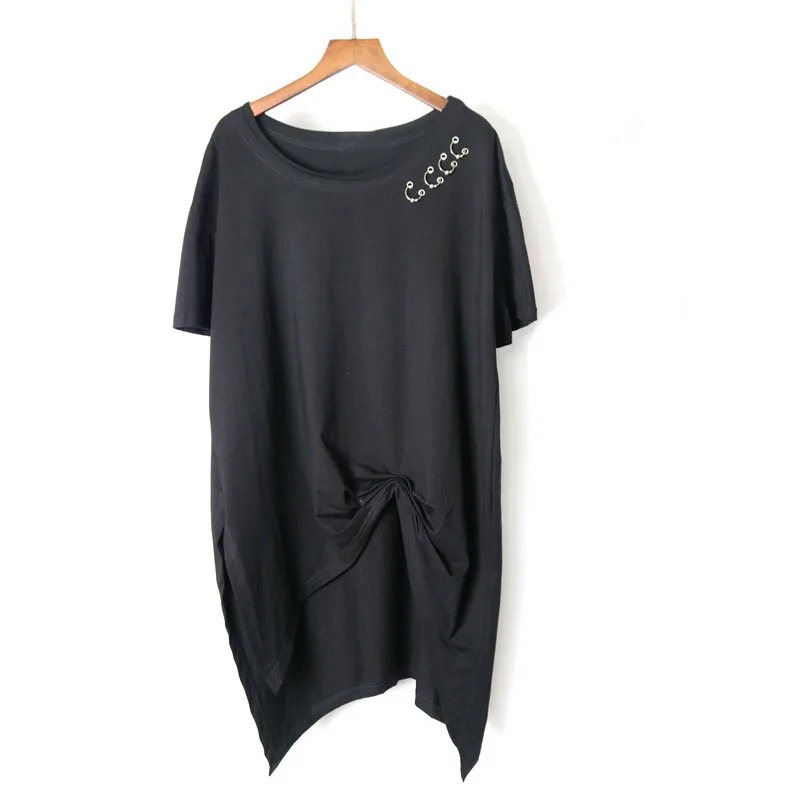 Solid High Low Top Summer New Style O Neck Short Sleeve Fashion T shirts Rivet Irregular hem women tops lady Vintage t shirt | Женская
