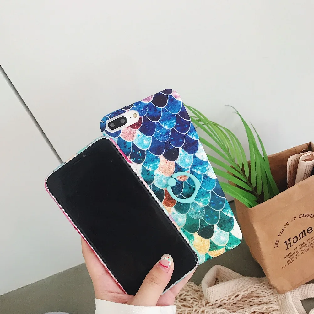 Чехол для телефона с покрытием "Рыбья чешуя" для Coque Iphone 7 Plus 6 6s 8, стильный корпус, чехол для телефона iPhone Xs, роскошный чехол max Xr с держателем для пальца.