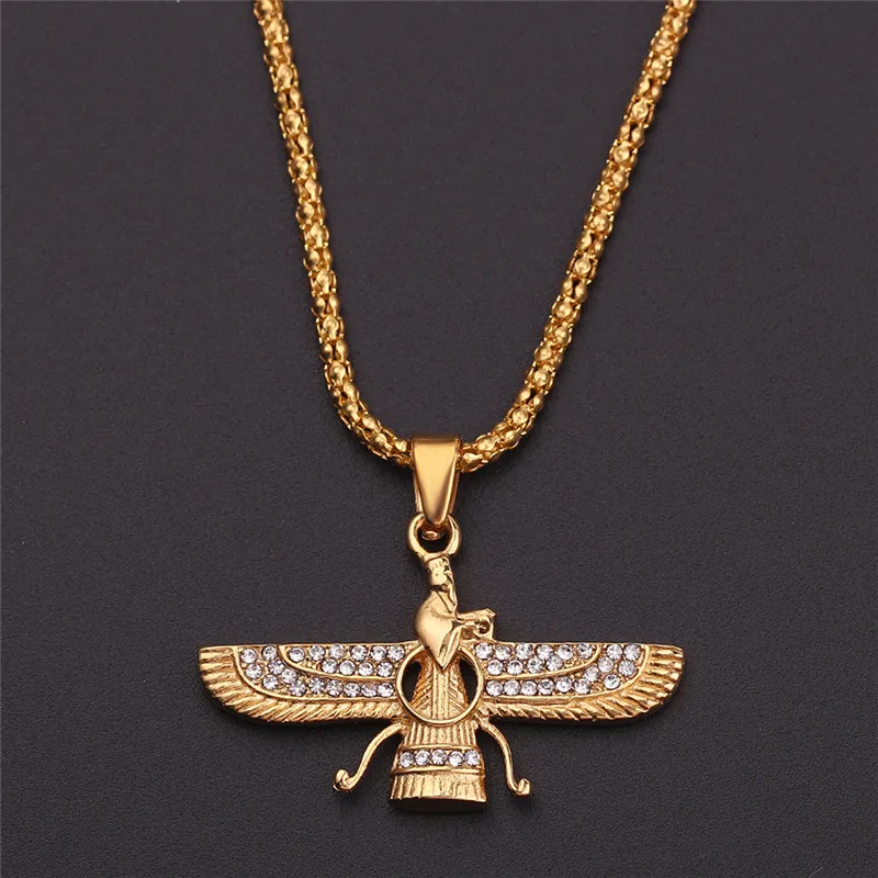 Золотой цвет Zoroastrian Farvahar крыло ожерелье кулон сплав Zoroastrianism персидский Achaemenian мужские ювелирные изделия ожерелья