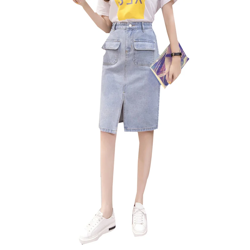 Женская джинсовая юбка Fitaylor синяя карандаш с карманами и пуговицами на