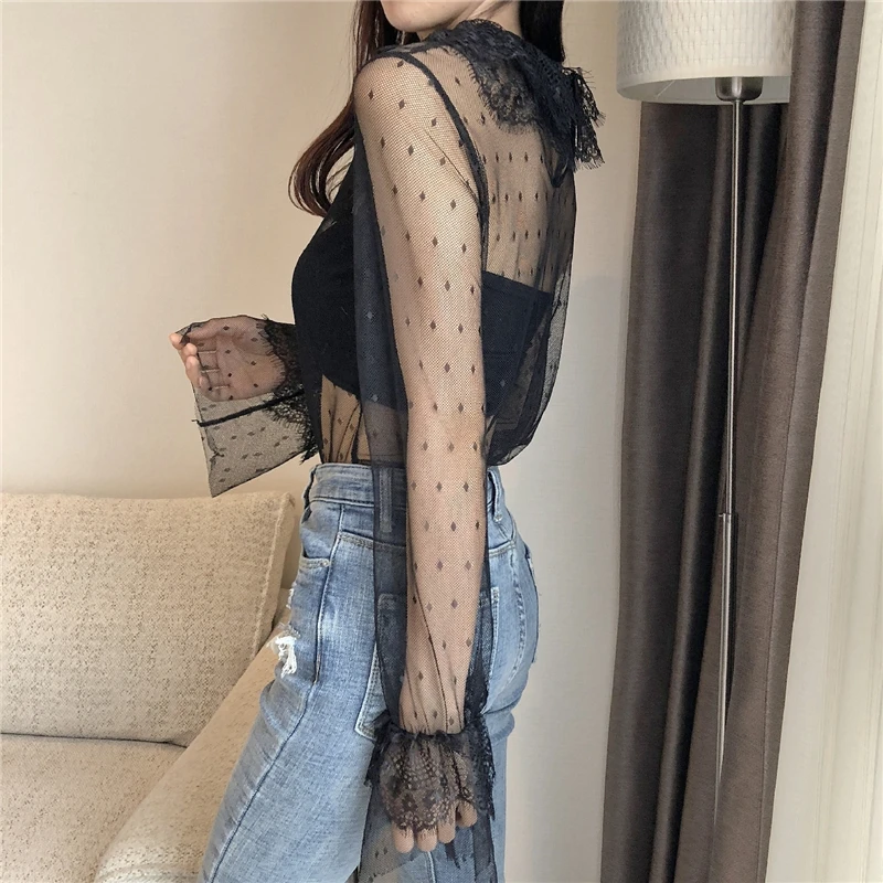 Перспектива с длинными рукавами в горошек Кружева рубашка дна женский крюк