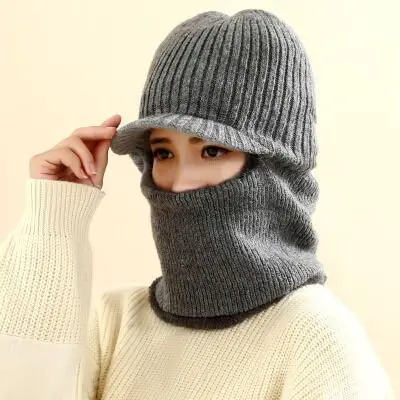 Зимняя вязаная шапка бини мужской шарф Skullies вязаные шапочки зимние, шапки для женщин мужские шапки брендовые маска капота брендовые кепки - Цвет: gray